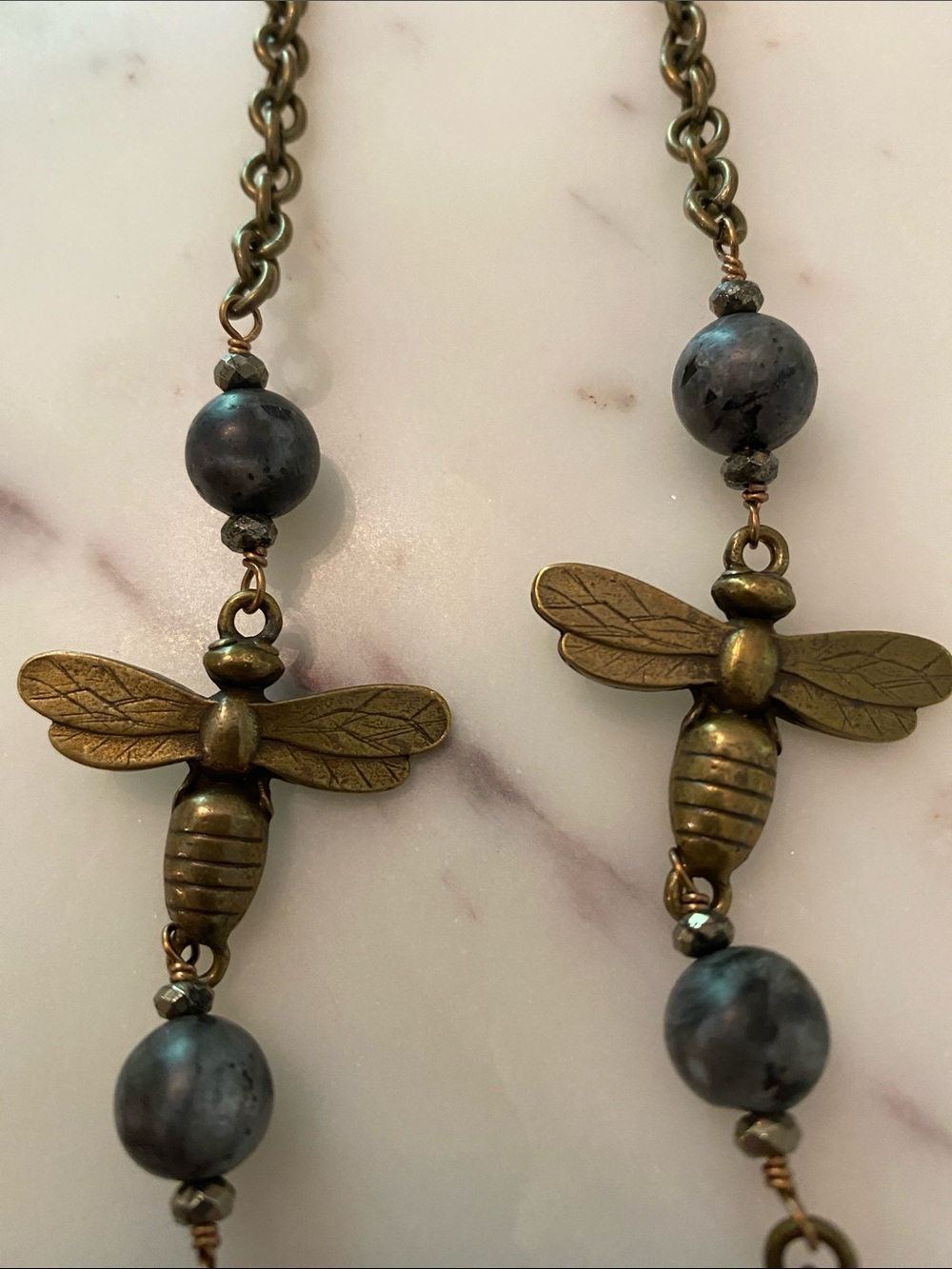 French Kande Brass Dragonfly Necklace with Black Beads - Picture 3 of 4